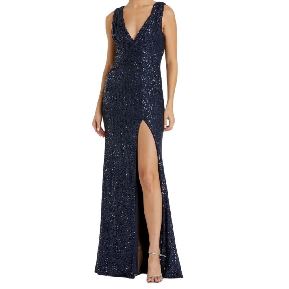 Mac Duggal Formal Dress Size 14 Navy Blue Maxi Side Slit Wedding Gala Gown Prom